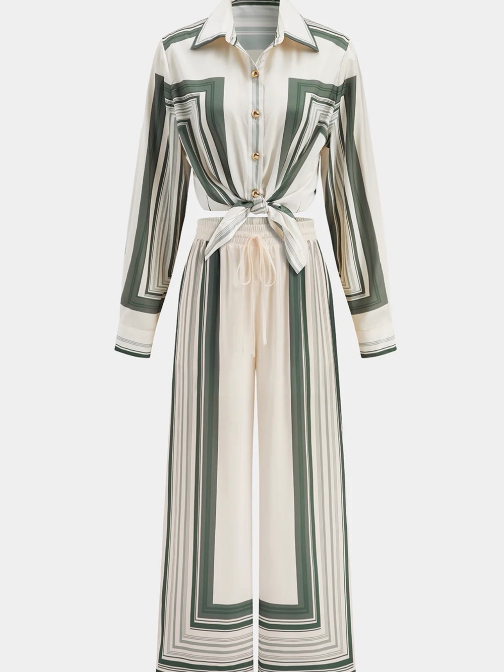 Commense Cream and Olive Striped Tie-Front Set